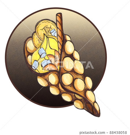 Delicious appetizing Hong Kong waffle with cream, marshmallows, chocolate stick, banana and peach pieces. Hand-drawn picture 88438058