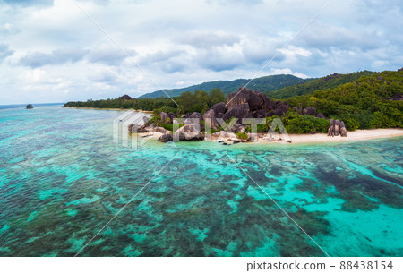 Aerial view of Anse Source D'argent beach at the La Digue Island, Seychelles Aerial view of Anse Source D'argent beach at the La Digue Island, Seychelles 88438154