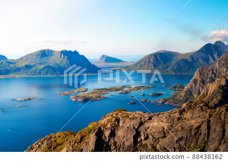 View over mountains and fjords of Lofoten Islands from mount Festvagtind, Norway 88438162