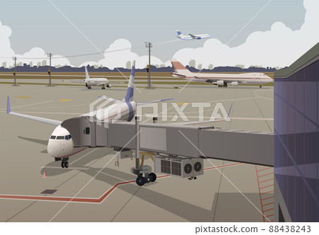 Panorama of the airport, a telescopic ladder is attached to the aircraft. Vector. 88438243