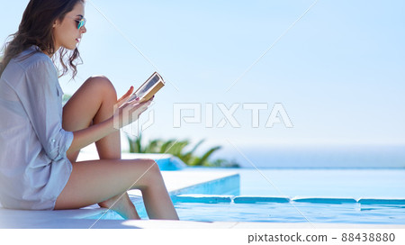 Keep calm and read a book. Shot of a young woman reading a book by the poolside. 88438880