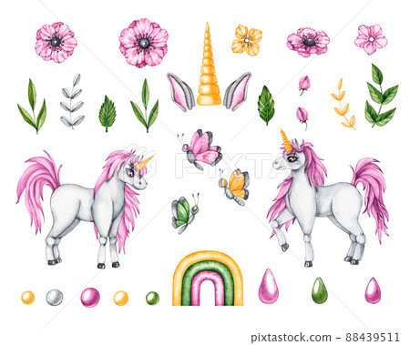 Watercolor set with unicorns, flowers, rainbow, butterflies, horn, wings Watercolor set with unicorns, flowers, rainbow, butterflies, horn, wings 88439511