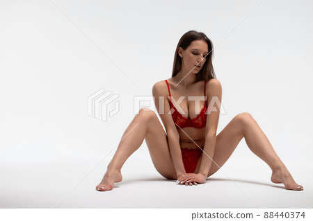 Beautiful woman laying in underwear in studio 88440374