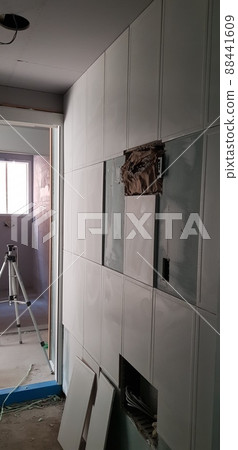Construction site, interior, equipment, carpentry, carpentry, wooden stairs, walls, ceiling 88441609