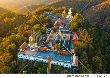 Aerial view of Wat Phrathat Doi Kham, Buddha pagoda and golden chedi in Chiang Mai, Thailand 88442173