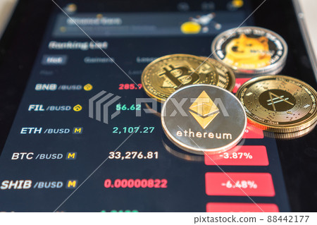 Ethereum cryptocurrency on Binance trading app, Bitcoin BTC with BNB, Dogecoin, Cardano, Litcoin, altcoin digital coin crypto currency defi p2p decentralized finance and fintech banking market 88442177