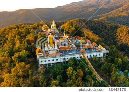 Aerial view of Wat Phrathat Doi Kham, Buddha pagoda and golden chedi in Chiang Mai, Thailand 88442178