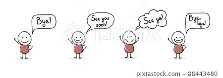 Happy cartoon people with text - bye, see ya, see you soon. Vector 88443480