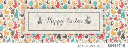 Cute bunnies, eggs and flowers on background with Happy Easter wishes. Banner. Vector Cute bunnies, eggs and flowers on background with Happy Easter wishes. Banner. Vector 88443746