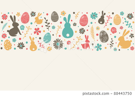 Easter eggs, bunnies and flowers on white background with copyspace. Layout of postcard. Vector 88443750