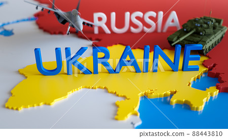 3D render of russian jet fighter and tank on the border of Ukraine. Concept of war conflict, invasion, military aggression, political crisis, EU danger 88443810