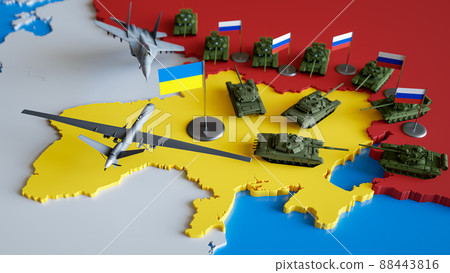 3d render of ukrainian military drone and tanks fighting against russin airplane and armored vehicles. Concept of war conflict, invasion, military aggression, political crisis, EU danger 3d render of ukrainian military drone and tanks fighting against russin airplane and armored vehicles. Concept of war conflict, invasion, military aggression, political crisis, EU danger 88443816