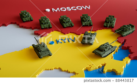 3D render of tank battle between Ukrainian and russian tanks on the map. Concept of war conflict, invasion, military aggression, political crisis, EU danger 3D render of tank battle between Ukrainian and russian tanks on the map. Concept of war conflict, invasion, military aggression, political crisis, EU danger 88443817