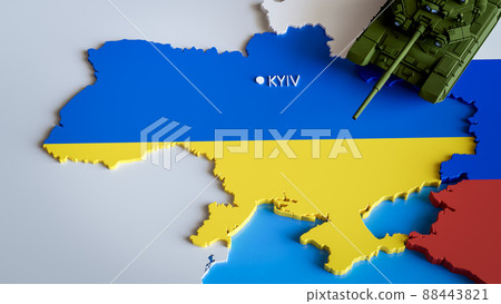 3d render of russian tank attacking Ukraine of the map. Concept of war conflict, invasion, military aggression, political crisis, EU danger 88443821