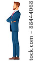 3 d illustration of a smiling businessman. Cartoon side view of a smiling man wearing a blue suit and standing on white isolated background.  88444068