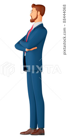 3 d illustration of a smiling businessman. Cartoon side view of a smiling man wearing a blue suit and standing on white isolated background. 3 d illustration of a smiling businessman. Cartoon side view of a smiling man wearing a blue suit and standing on white isolated background. 88444068