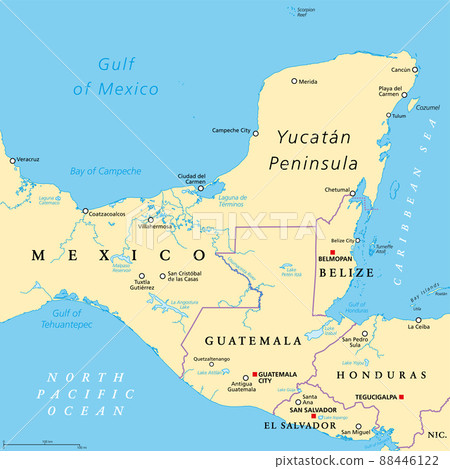 Yucatan Peninsula political map. Large peninsula in southeastern Mexico and adjectants portions of Belize and Guatemala, separating the Gulf of Mexico and Caribbean Sea. With El Salvador and Honduras. 88446122
