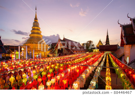Colorful Lamp Festival and Lantern in Loi Krathong at Wat Phra That Hariphunchai, Lamphun Province, Thailand 88446467