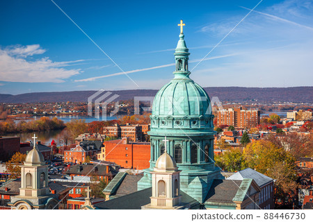 Harrisburg, Pennsylvania, USA cityscape with historic churches. Harrisburg, Pennsylvania, USA cityscape with historic churches. 88446730