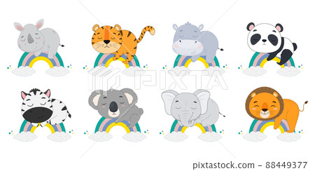 Set of cartoon animals. Rhinoceros,tiger,hippo,panda,zebra,koala,elephant,lion on the rainbow. Vector illustration 88449377