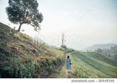 Rear view of a woman with her camera walking on the dirt road at sunrise time. Rear view of a woman with her camera walking on the dirt road at sunrise time. 88449546