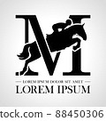 Jumping horse logo. Derbi. Equestrian Events. Show Jumping Competition. Sport. Icons and design elements. Initial letter M. Monogram. Typographic logotype. Vector Illustration 88450306