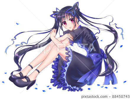 穿著黑色連衣裙的黑頭髮和辮子的女孩 88450743