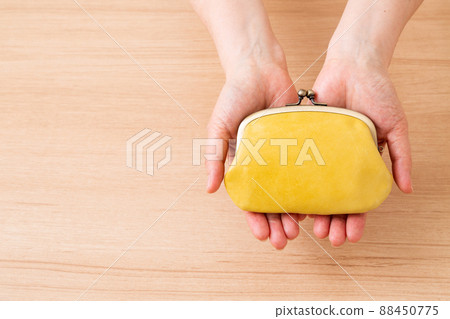 Middle woman's hand with a yellow purse 88450775