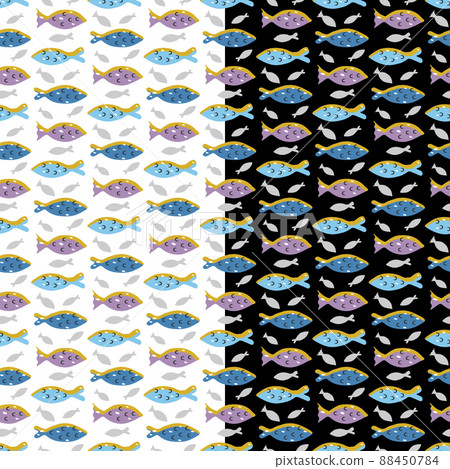 Sea fish seamless pattern. Childish cartoon style, colorful web template. Blue marine, lilac color palette background. Vector 88450784