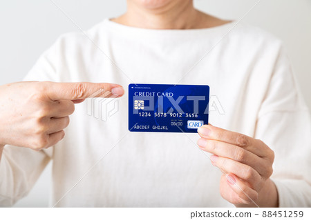 Middle woman pointing at a credit card 88451259