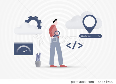 SEO concept illustration. Man with a magnifying glass, around several elements of website search engine optimization. SEO concept illustration. Man with a magnifying glass, around several elements of website search engine optimization. 88451600