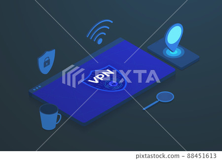 Virtual Private Network isometric concept. Browser window and VPN connection sign. Virtual Private Network isometric concept. Browser window and VPN connection sign. 88451613
