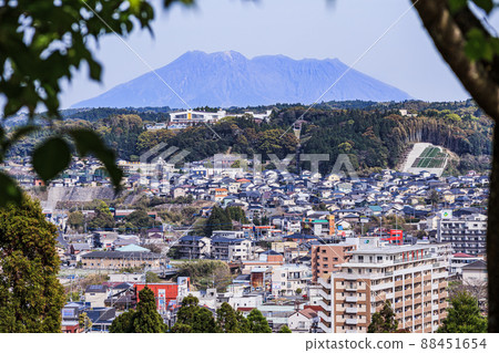 從城山公園（市井城跡）看到的櫻島和檜木街景 88451654