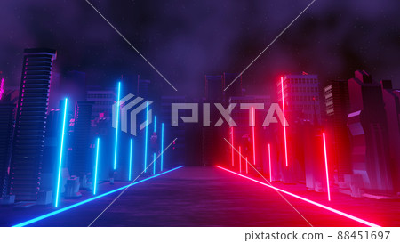 3d render of Cyber punk night city landscape concept. Light glowing on dark scene.  Night life. Technology network for 5g. Beyond generation and futuristic of Sci-Fi Capital city and building scene. 88451697