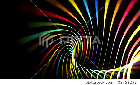 3d render. Abstract background with multicolor light streaks, light and bokeh effects. Neon lines made of particles form curve structure or twisted pattern. Spiral. 3d render. Abstract background with multicolor light streaks, light and bokeh effects. Neon lines made of particles form curve structure or twisted pattern. Spiral. 88452258
