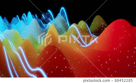 3d rendering. Abstract 3D surface with beautiful waves, luminous sparkles and bright blue red yellow color gradient. Waves on matte surface with glow glitter 3d rendering. Abstract 3D surface with beautiful waves, luminous sparkles and bright blue red yellow color gradient. Waves on matte surface with glow glitter 88452285