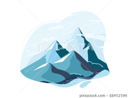 Mountain, hill and peak vector illustration isolated on white background. Nature landscape with sky, lake, mountains. Hiking, climbing design 88452599