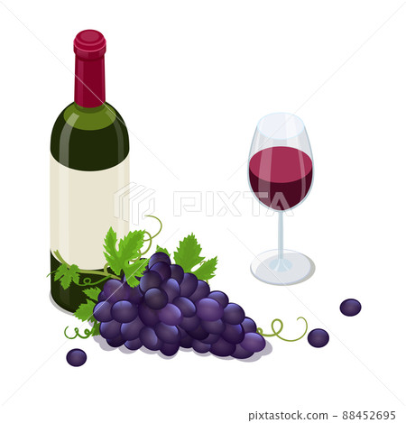 Isometric Bottle of red wine, bunche of wine grapes and glass of red wine. 88452695