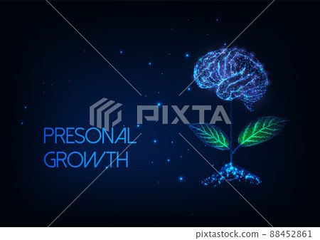 Futuristic personal growth concept with glowing low poly plant with brain as a flower on dark blue Futuristic personal growth concept with glowing low poly plant with brain as a flower on dark blue 88452861