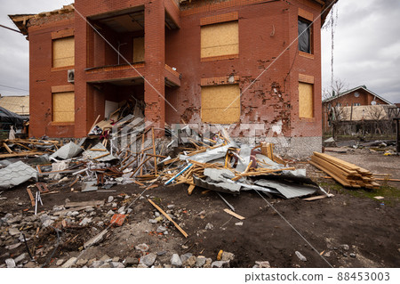 Bila Tserkva, Kyev region  Ukraine - 04.03.2022: The consequences of an airstrike, a missile attack on residential buildings in Bila Tserkva. Russian troops destroy houses, people in Ukraine. 88453003