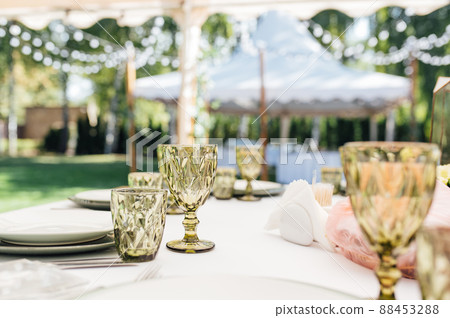 wedding table setting and decorations. Glass and plate wedding table setting and decorations. Glass and plate 88453288