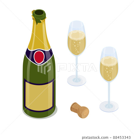 Open bottle of champagne or sparkling wine, two full glasses, and a cork 88453343