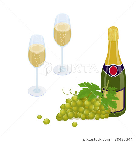 Bunch of white grapes and a bottle of sparkling wine and two glasses full of bubbly champagn 88453344