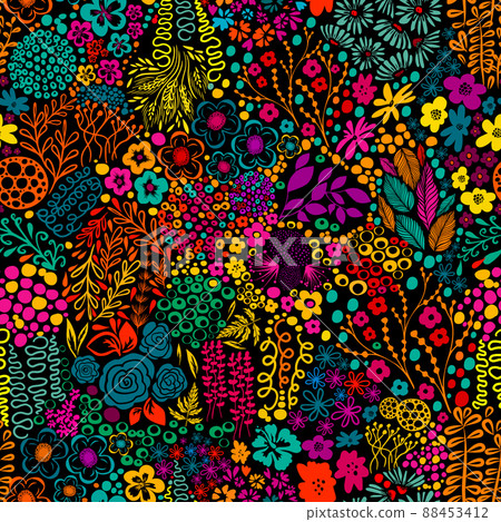 Seamless background from multicolored flowers and butterflies. Beautiful pattern of small beautiful flowers and twigs . Vector illustration 88453412