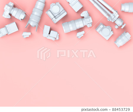 Top view of designer workspace and photography gear on black table background 88453729