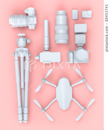 Top view of designer workspace and photography gear on black table background 88453741