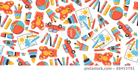 Seamless pattern with various kids toys. Happy childhood symbols. Playing game with friends. Seamless pattern with various kids toys. Happy childhood symbols. Playing game with friends. 88453791