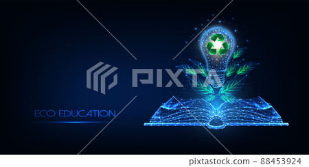 Futuristic eco education concept with glowing low polygonal book, lightbulb, recycle sign and leaves Futuristic eco education concept with glowing low polygonal book, lightbulb, recycle sign and leaves 88453924