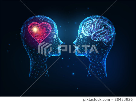 Futuristic emotional and intellectual intelligence concept with human heads with heart and brain Futuristic emotional and intellectual intelligence concept with human heads with heart and brain 88453926