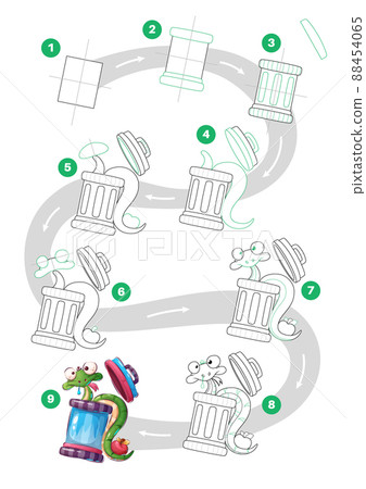 Cartoon character snake in trash - drawing tutorial 88454065